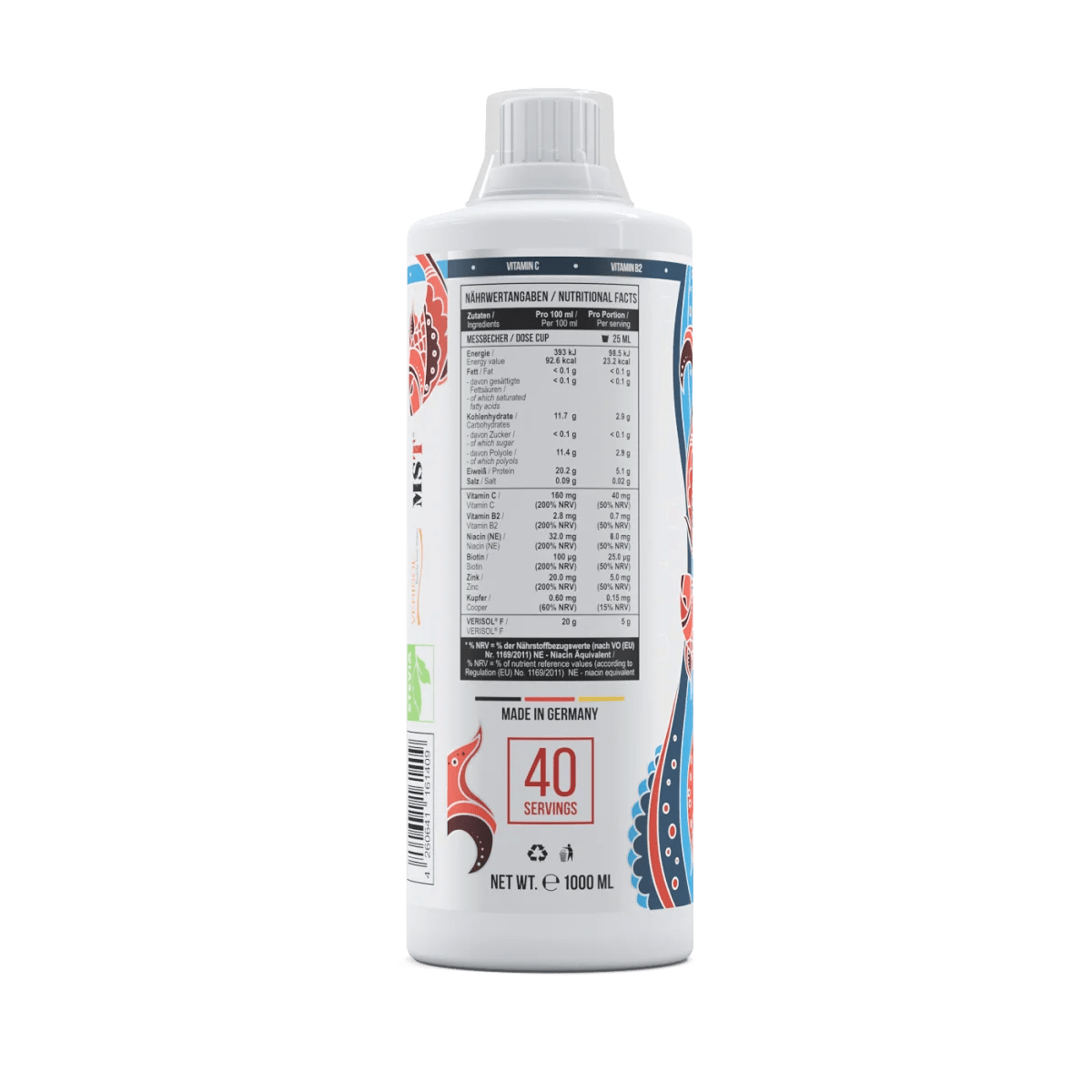 MST Fish Collagen Peptide mit Verisol in 1000 ml Flasche, mit Kirschgeschmack, zeigt die Collagen-Getränkflasche vor einem weißen Hintergrund.