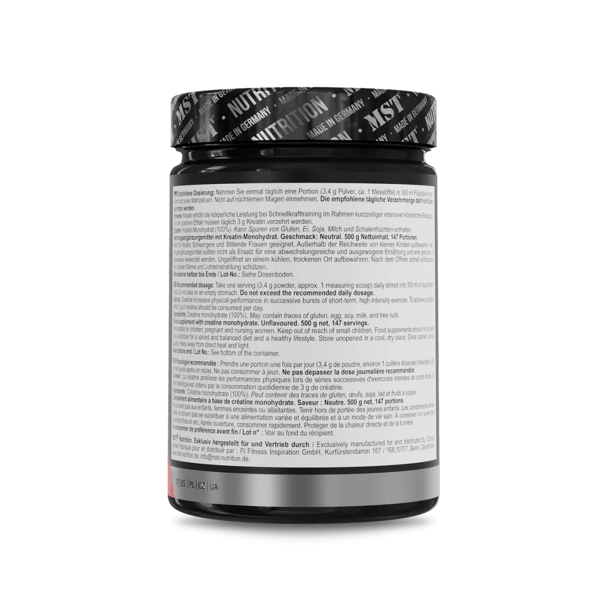 MST Mikronisiertes Kreatin 500 g in neutraler Geschmacksrichtung, Creatin Pulver in einer transparenten Dose.