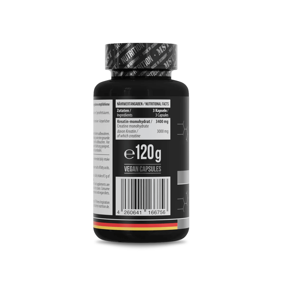 MST Creatin Monohydrat Kapseln, 90 Stück, sportliche Verpackung mit weißen Kapseln und MST Logo, für Muskelaufbau und Leistung