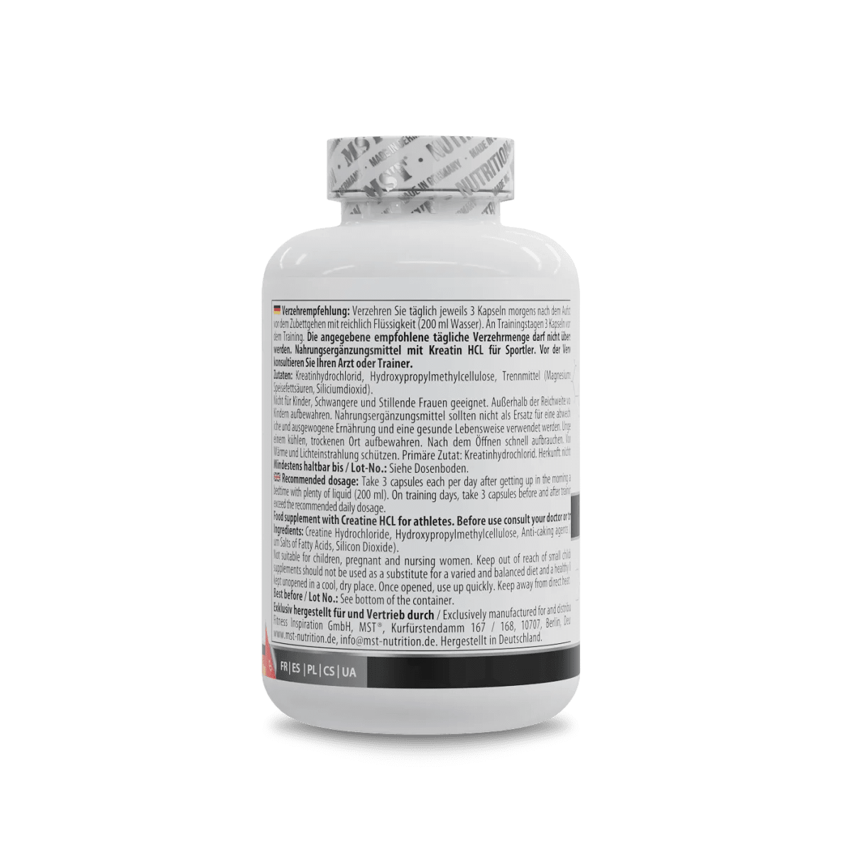 MST Creatine HCL 180 Kapseln, Nahrungsergänzungsmittel mit Creatin für Muskelkraft und Leistungssteigerung, in Kapseln.