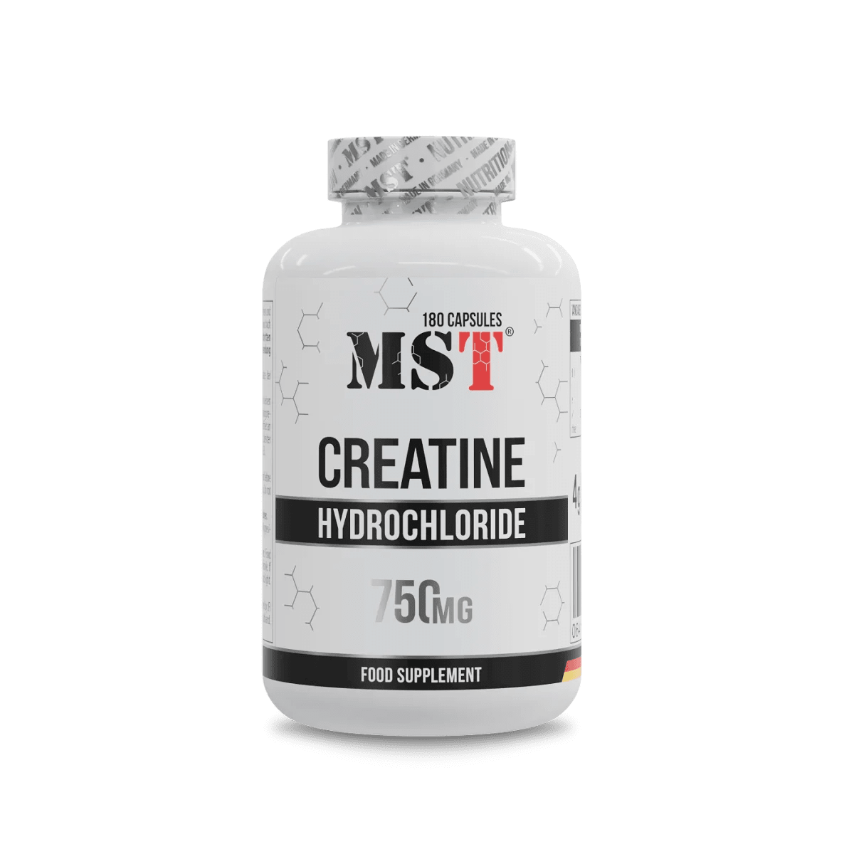 MST Creatine HCL 180 Kapseln, Nahrungsergänzungsmittel mit Creatin für Muskelaufbau und Energie, in Kunststoffkapseln.