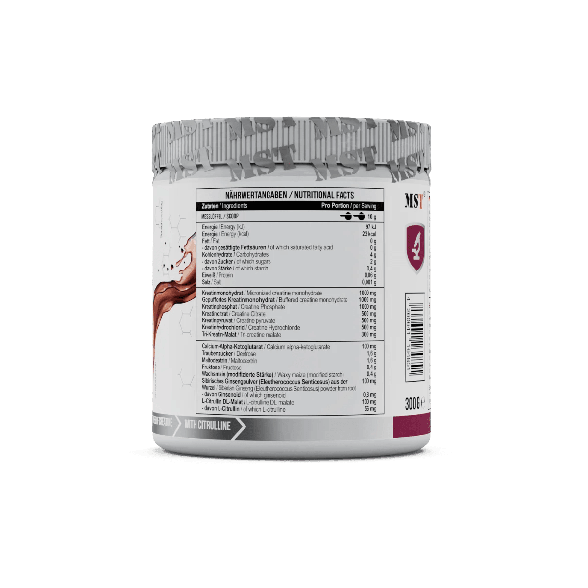 MST Creatine Kick 300 g in Cherry Cola Geschmack, Kreatin Pulver in einer transparenten Dose mit roter Etikette.