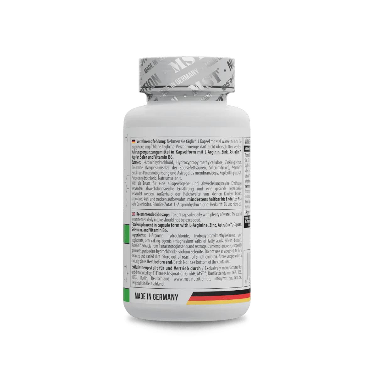 MST Nutrition ArgiZinc Forte Kapseln, Nahrungsergänzungsmittel mit Arginin und Zink, in einer weißen Packung.