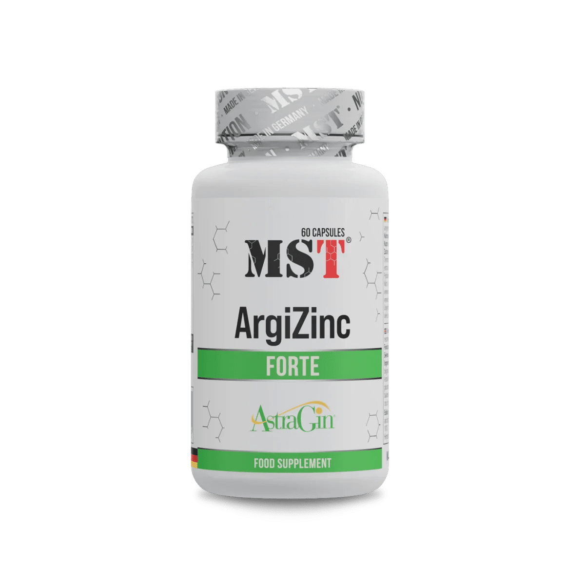 MST Nutrition ArgiZinc Forte in 60 Kapseln, zeigt die Verpackung mit weißen Kapseln und MST-Logo auf weißem Hintergrund