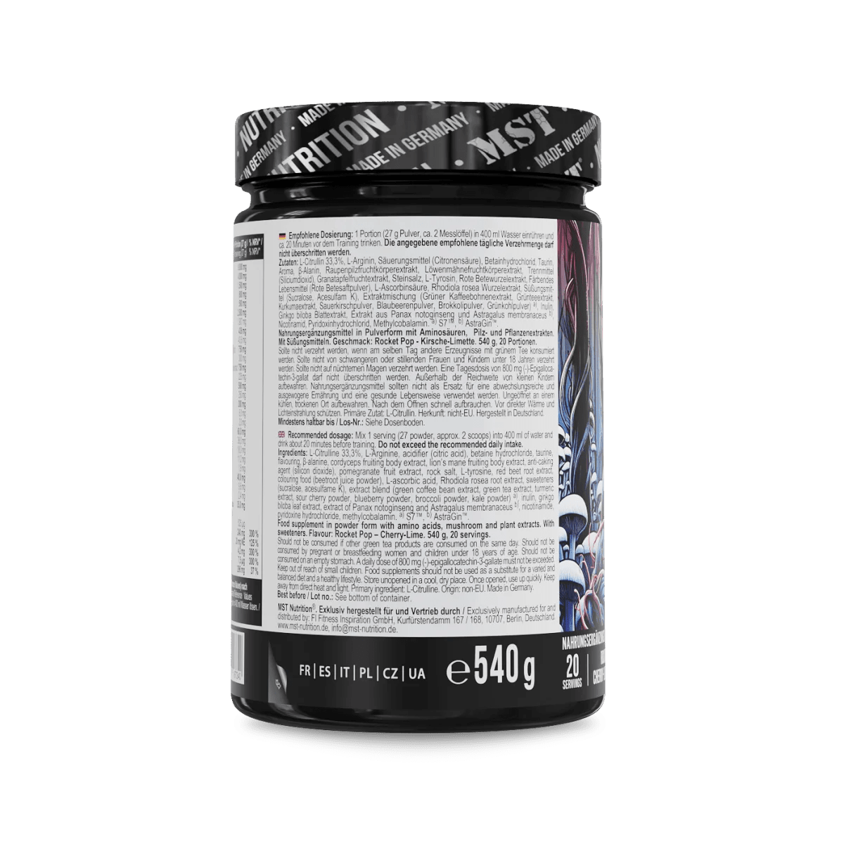 MST NeuroPump Pre-Workout Pulver in Rocket Pop Cherry-Lime Geschmack, 540 g Dose, energetisierende Sportnahrung