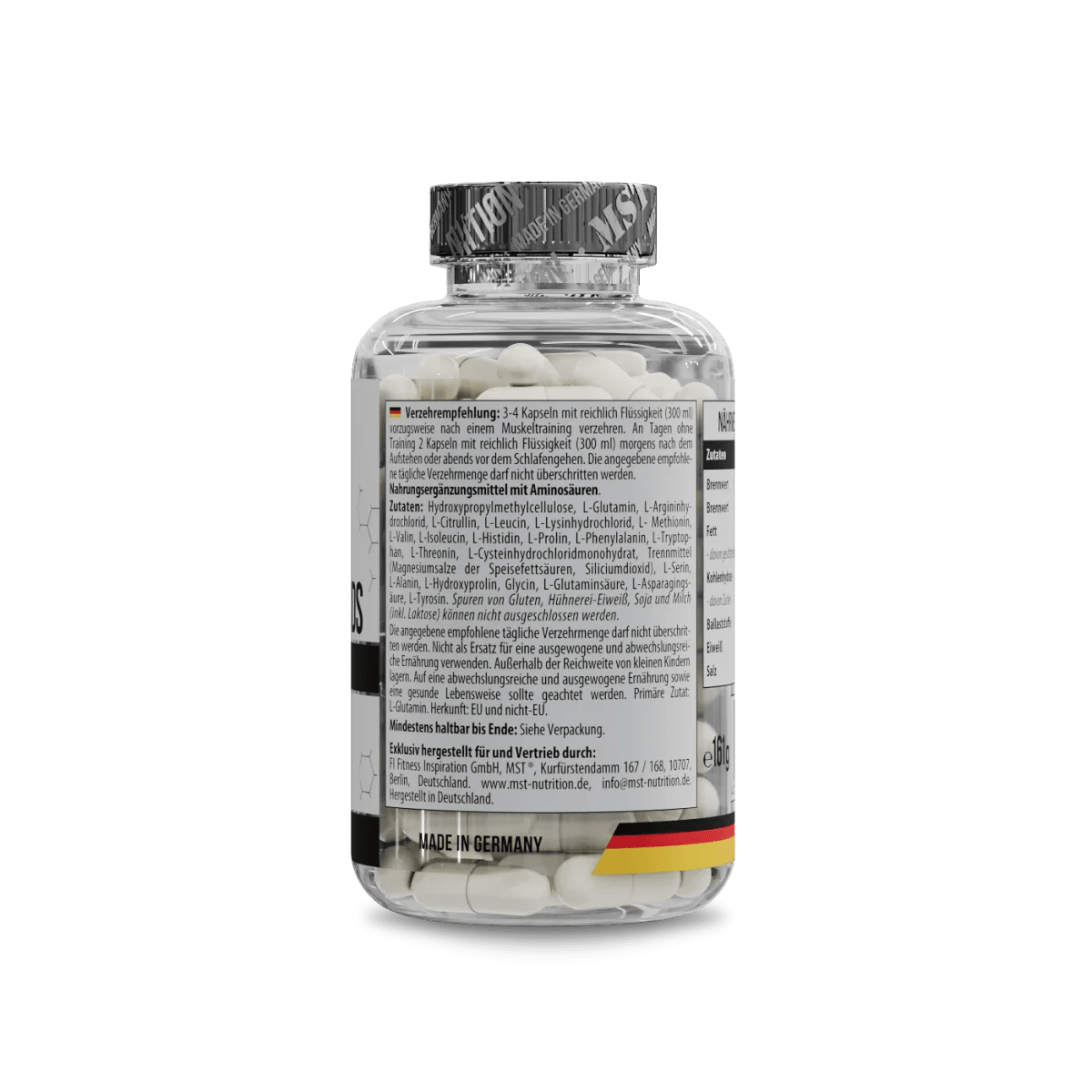 MST Nutrition 21 Amino Acids Kapseln, Aminosäuren-Komplex, 120 Kapseln in einer offenen Verpackung sichtbar
