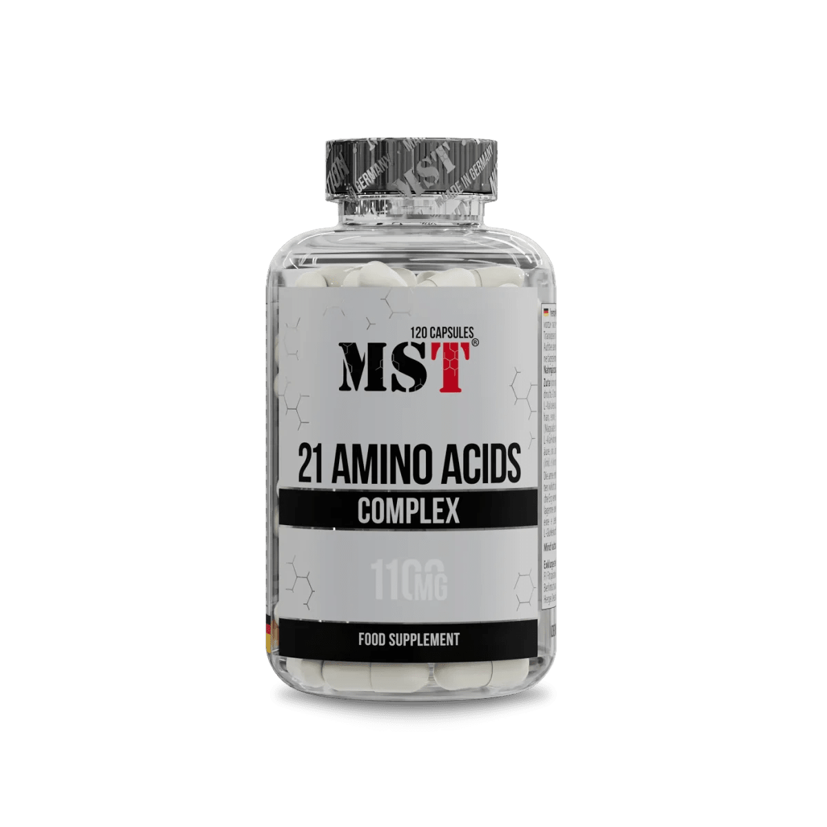 MST Nutrition 21 Amino Acids Kapseln, ein Aminosäuren-Komplex in einer braunen Flasche mit 120 Kapseln.