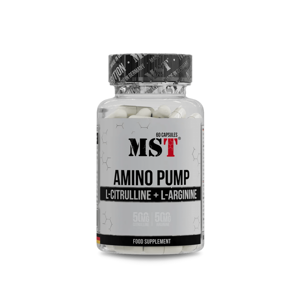 MST Nutrition Amino Pump Kapseln mit L-Arginin und L-Citrullin, 60 Stück, für Muskelkraft und Ausdauer, Nahaufnahme der Kapseln.