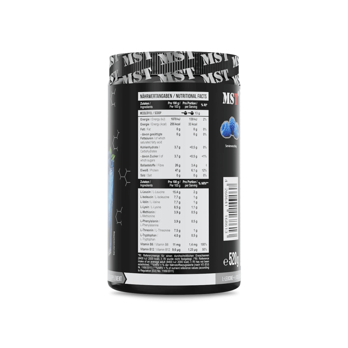 MST Nutrition BCAA + EAA Aminosäurenpulver in Blue Raspberry, 520 g, Pulver mit blauer Himbeere für Muskelregeneration