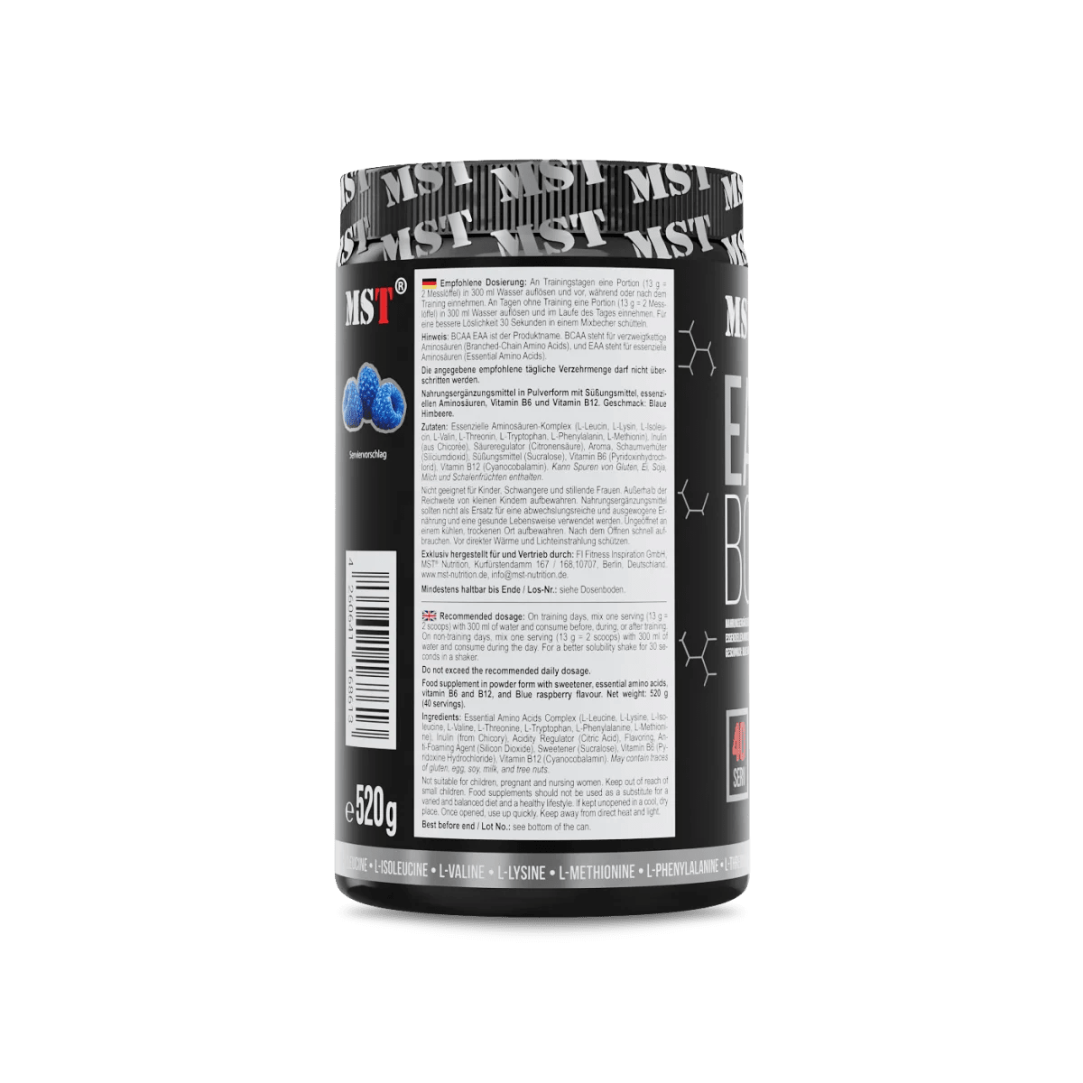MST Nutrition BCAA + EAA Aminosäurenpulver in blauer Himbeere, 520 g, Pulver zur Unterstützung des Muskelaufbaus.