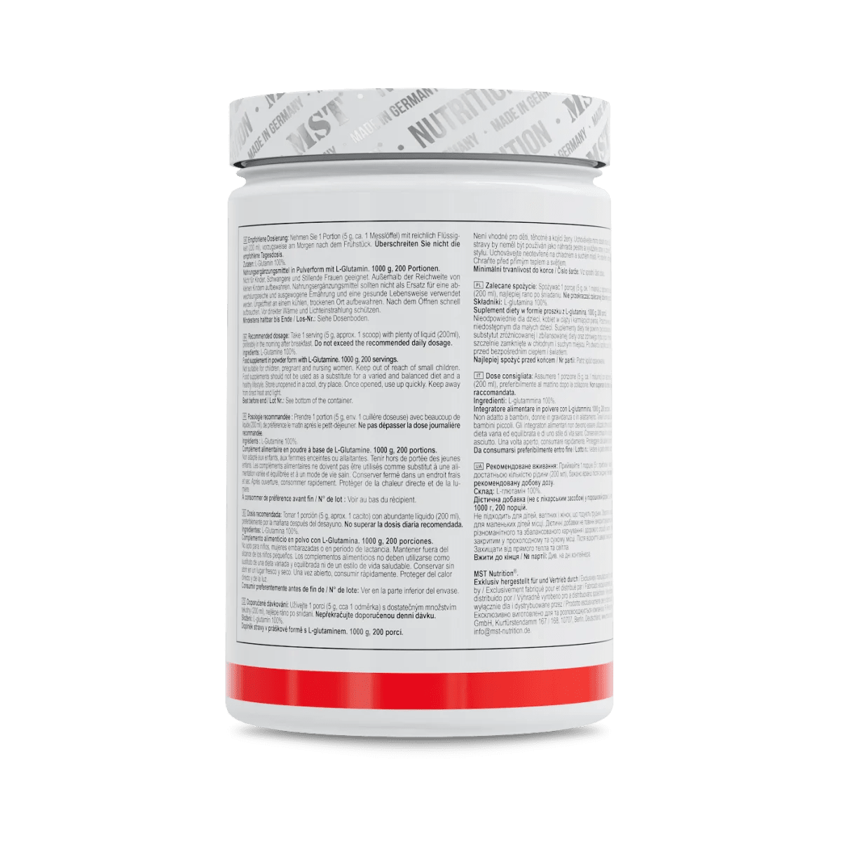 MST Nutrition Glutamin Pulver, 1000 g, Aminosäuren, weißes Pulver in Dose, für Muskelregeneration und Fitness