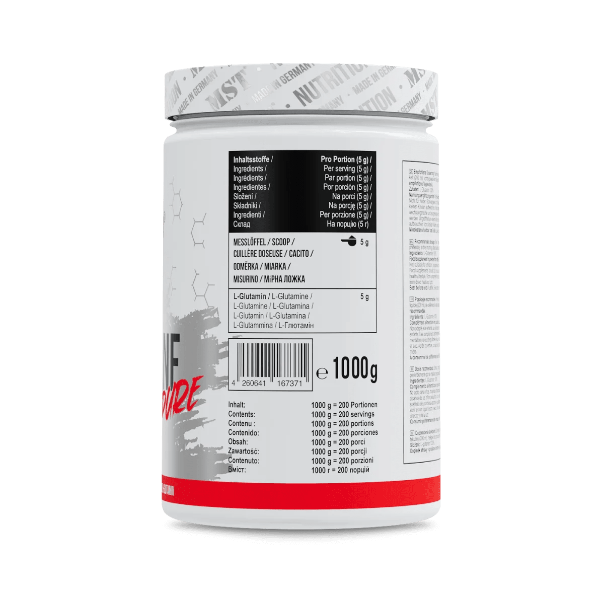 MST Nutrition Glutamin-Pulver 1000 g, Aminosäure-Produkt in einer transparenten Packung mit Pulver.