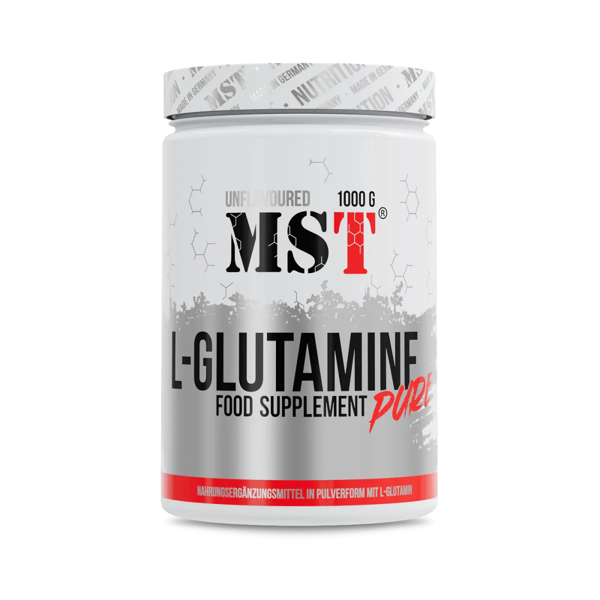 MST Nutrition Glutamin-Pulver 1000 g, Aminosäure, weiße Pulverform, Verpackung mit Produktname auf weißem Hintergrund