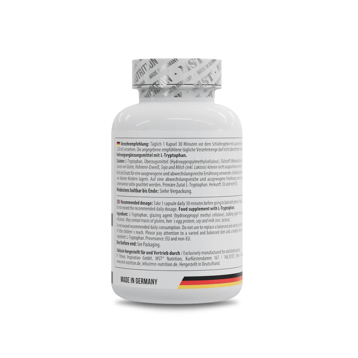 MST Nutrition L-Tryptophan 500 mg vegane Kapseln, natürliches Aminosäurepräparat für entspannten Schlaf und Wohlbefinden.
