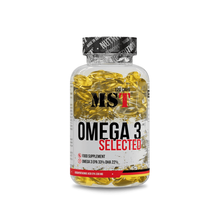 MST Omega-3 Selected Softgels, 120 Omega-3-Kapseln in einer weißen Packung, Nahaufnahme