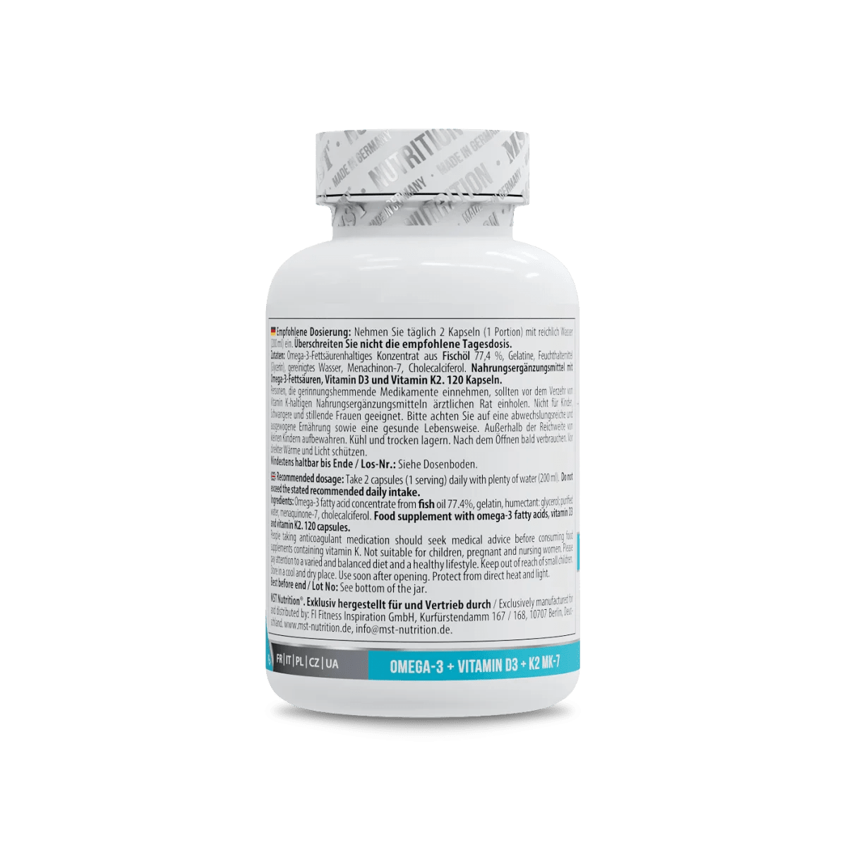 MST Omega-3 Triglyceride Softgels mit D3 und K2, 120 Kapseln, hochwertige Fischölkapseln für gesunde Omega-Fettsäuren.