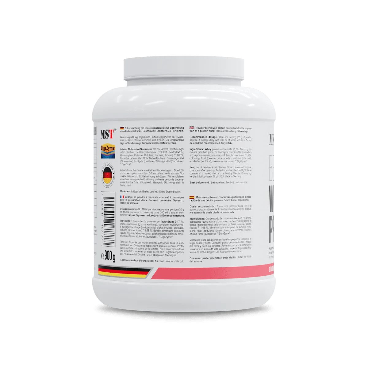 MST Best Whey Protein + Enzymen in Erdbeergeschmack, 900 g, cremige Konsistenz, ideal für Muskelaufbau und Regeneration