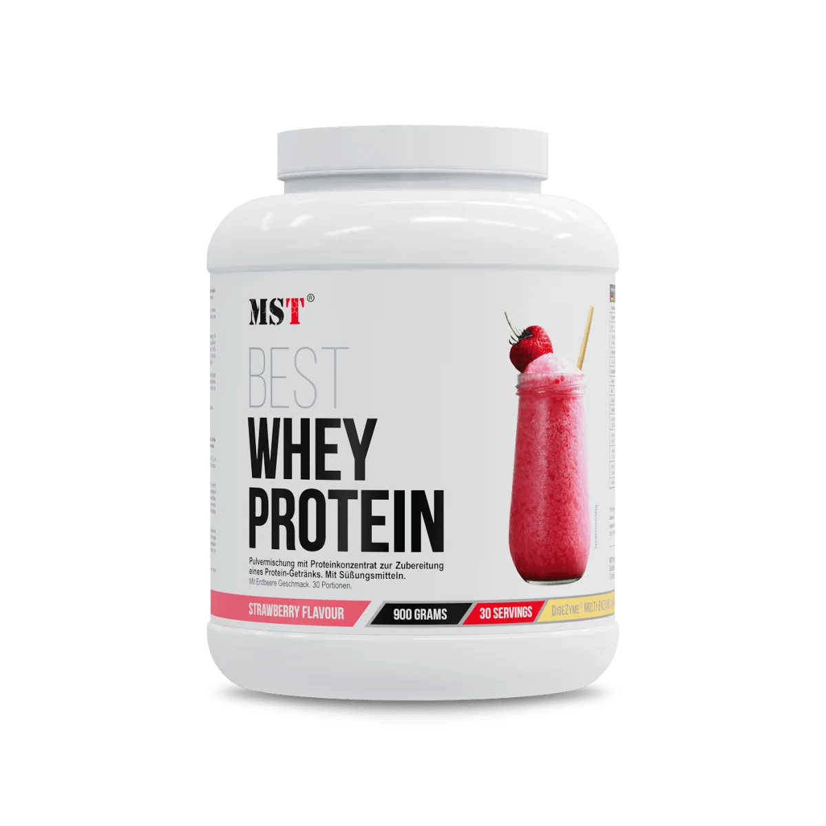 MST Best Whey Protein + Enzyme in Erdbeergeschmack, 900 g, cremige Molkenproteinmischung in Beutel.