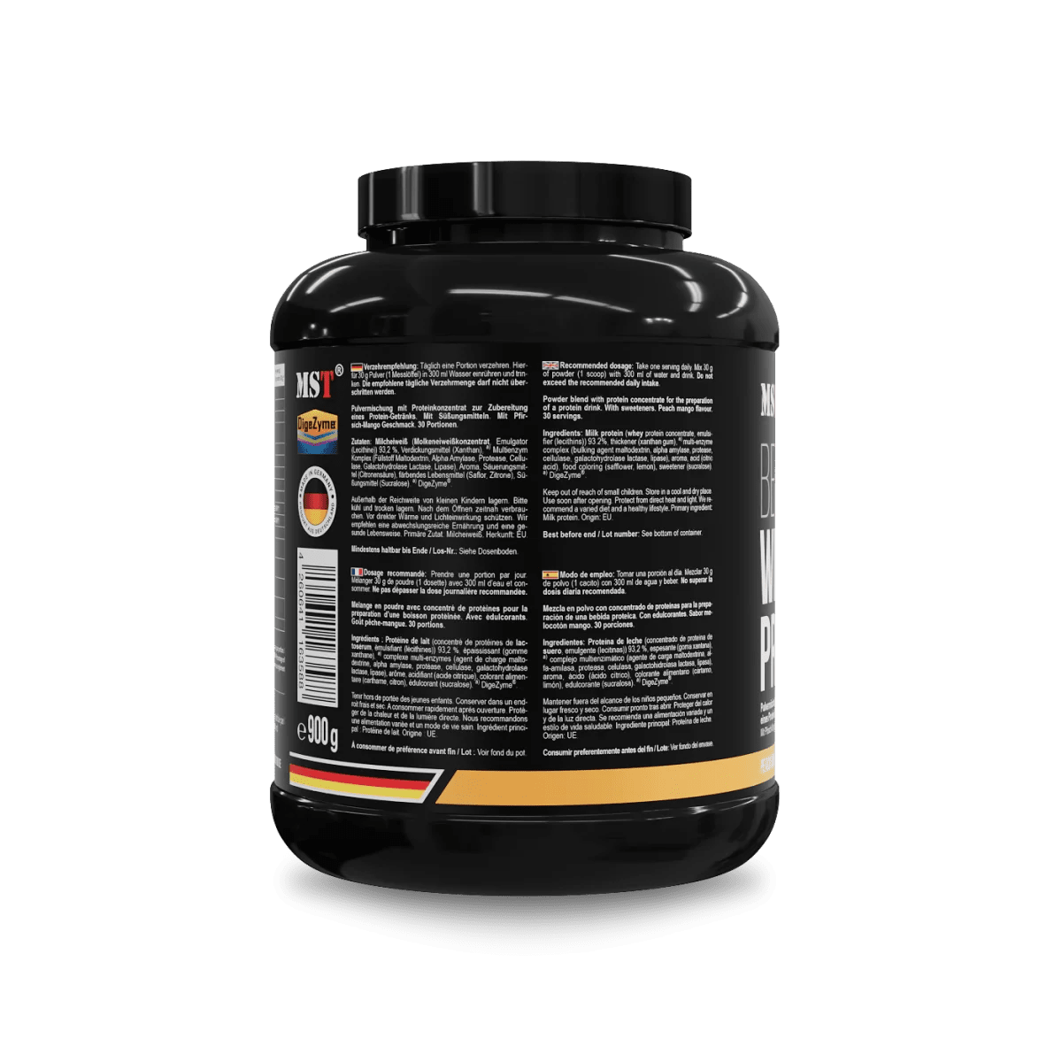 MST Best Whey Protein mit Enzymen in Mango-Pfirsich-Geschmack, 900 g, cremige Textur und fruchtiges Aroma, ideal für Muskelaufbau