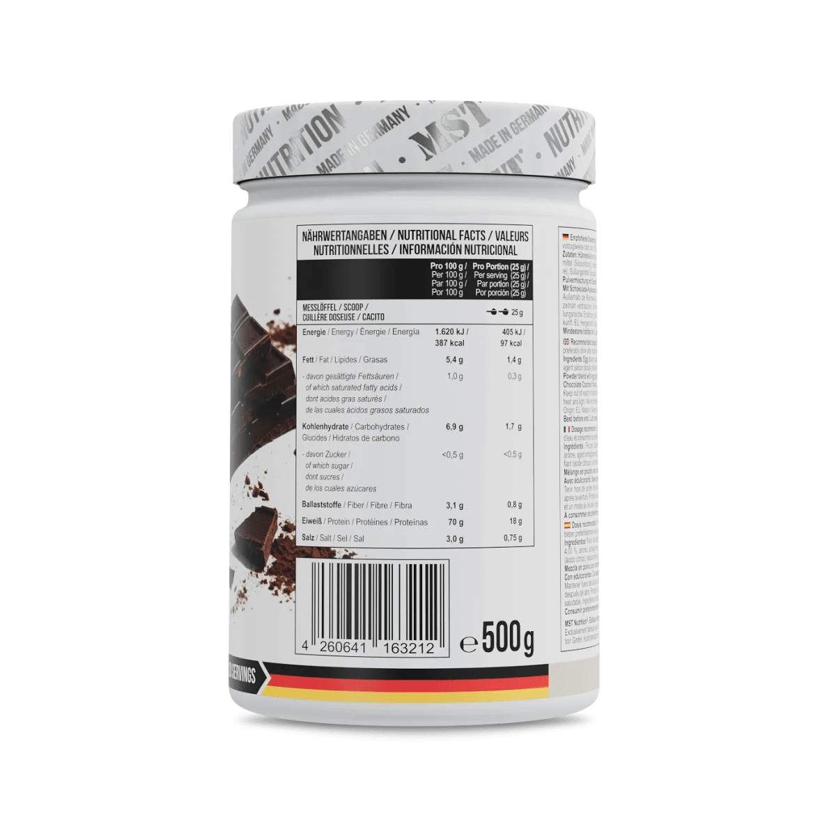 MST Egg White Protein 500 g in Schokolade, weiße Eiweißpulver-Dose, natürliche Proteinquelle, hochwertige Nahrungsergänzung