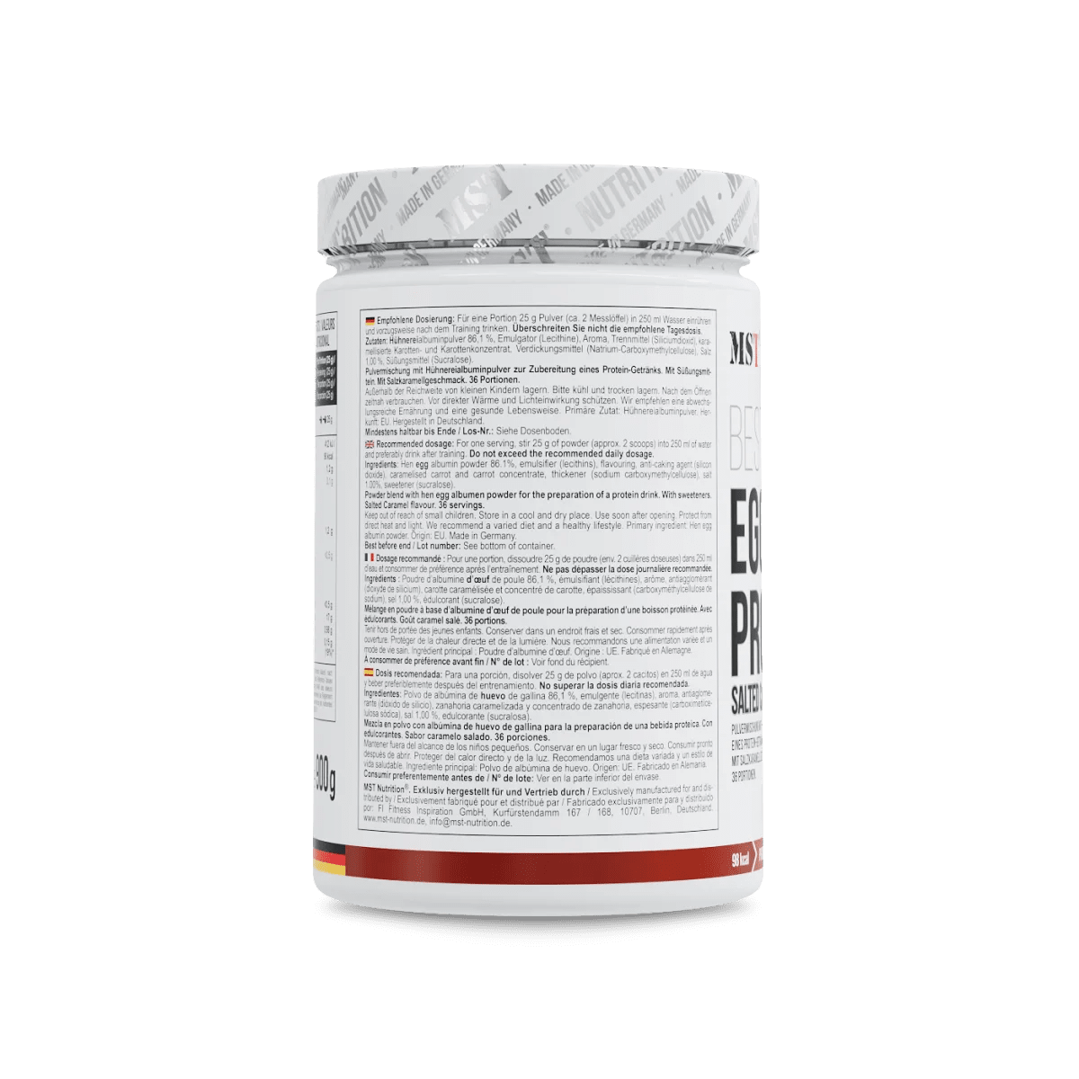 MST Egg White Protein in 900 g Salzkaramell-Geschmack, cremige Eiweißpulver-Darbietung in einer Verpackung.