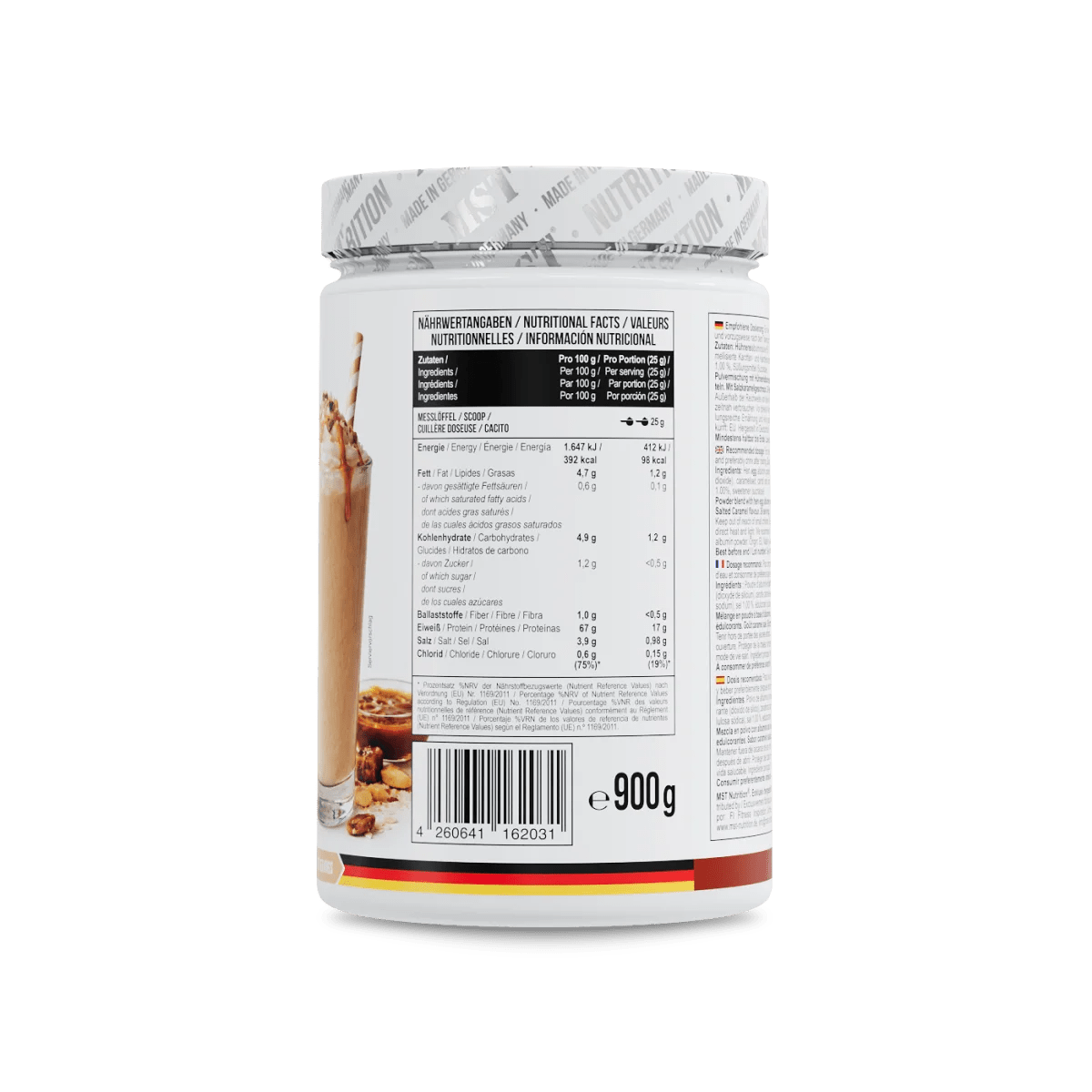 MST Egg White Protein 900 g in Salted Caramel Geschmack, cremige Eiweißpulver-Darstellung in einer Verpackung