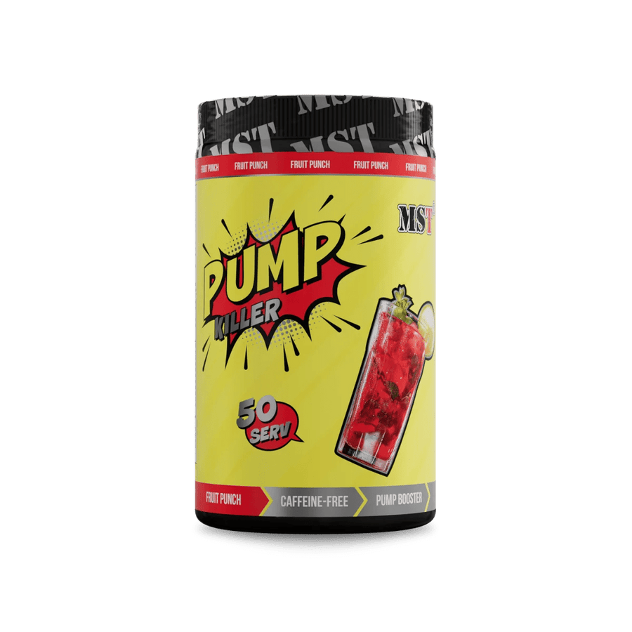 MST Pump Killer 550g Fruchtpunsch, Pulver für Wasserpfeifen, zeigt die Dose und den fruchtigen Geschmack des Produkts