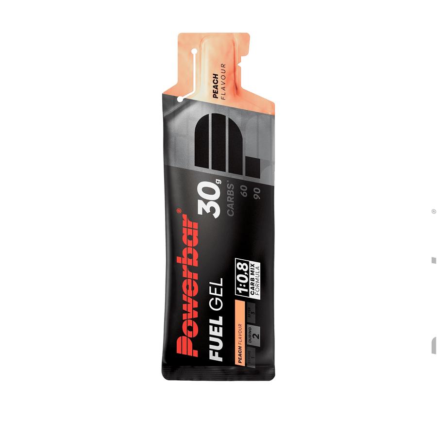 PowerBar Fuel Gel 30 Pfirsich, Elektrolyte Energiegels, 12er Pack, natürliche Fruchtfarbe und Verpackung sichtbar