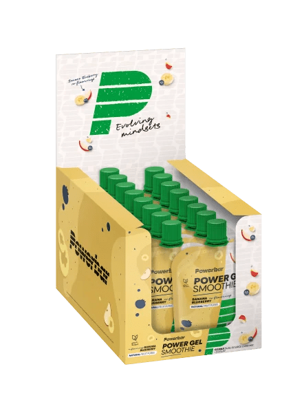 PowerBar Power Gel Smoothie 16er Box mit Bananen- und Blaubeergeschmack, ideal für Energie und Ausdauer.