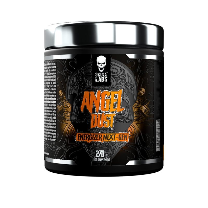 Pre-Workout Skull Labs Angel Dust in Orange Mango, 270g Dose, mit orangefarbener Verpackung und Fruchtaroma.