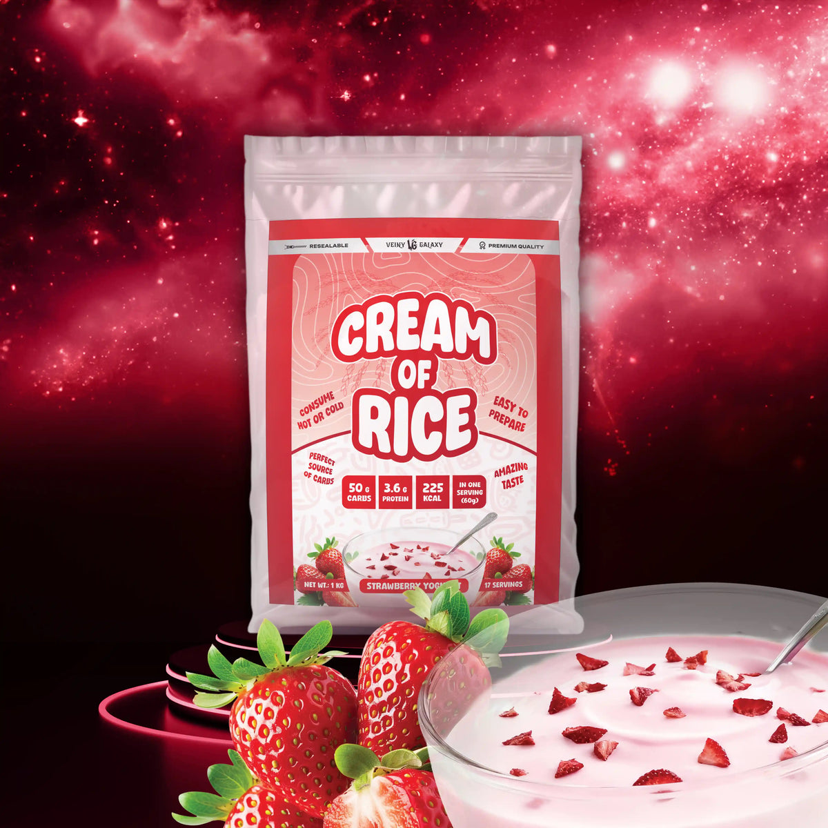Veiny Galaxy Reis Porridge 1000g in einer Schüssel, cremig und reich an Textur, ideal für Frühstück oder Snack.