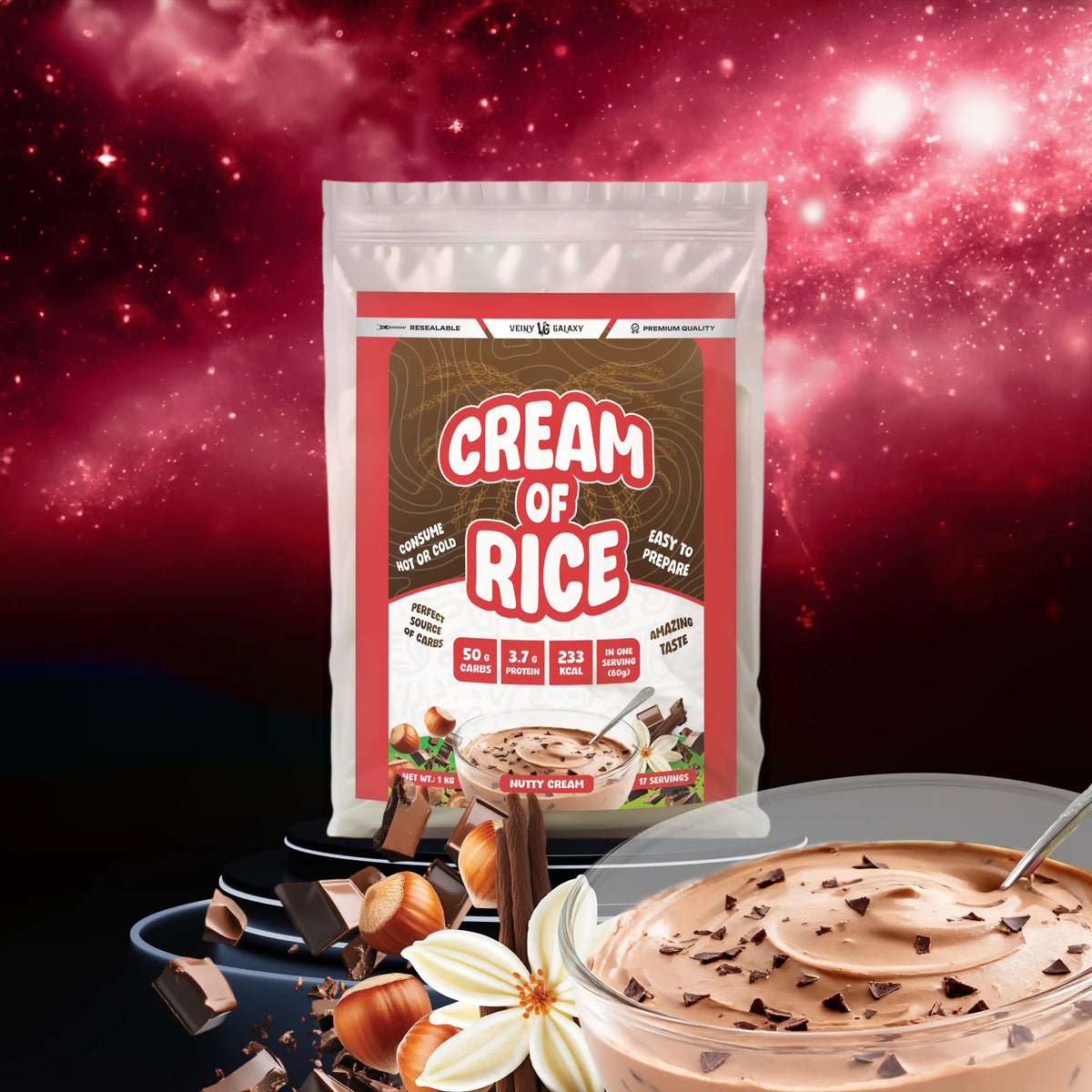 Reiskörner für Galaxy Reisporridge, 1000g, in einer transparenten Schüssel, zeigt die cremige Konsistenz des Puddings.