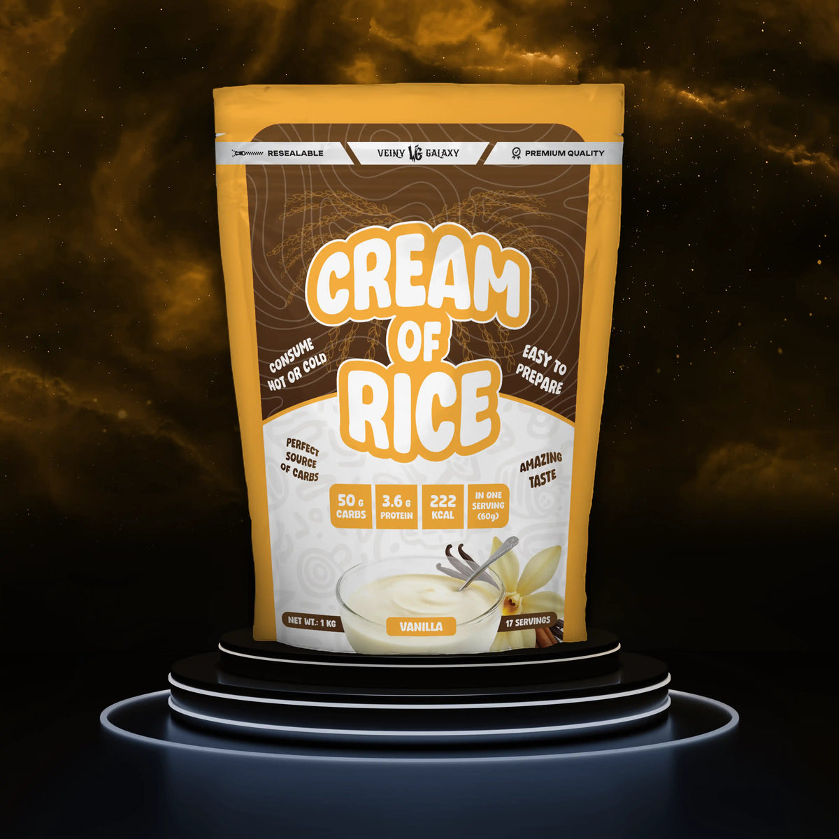 Reis-Porridge von VEINY GALAXY in 1000g Packung, cremiger Galaxy-Reis für Pudding und Frühstück, sichtbare Packung und Produkt.