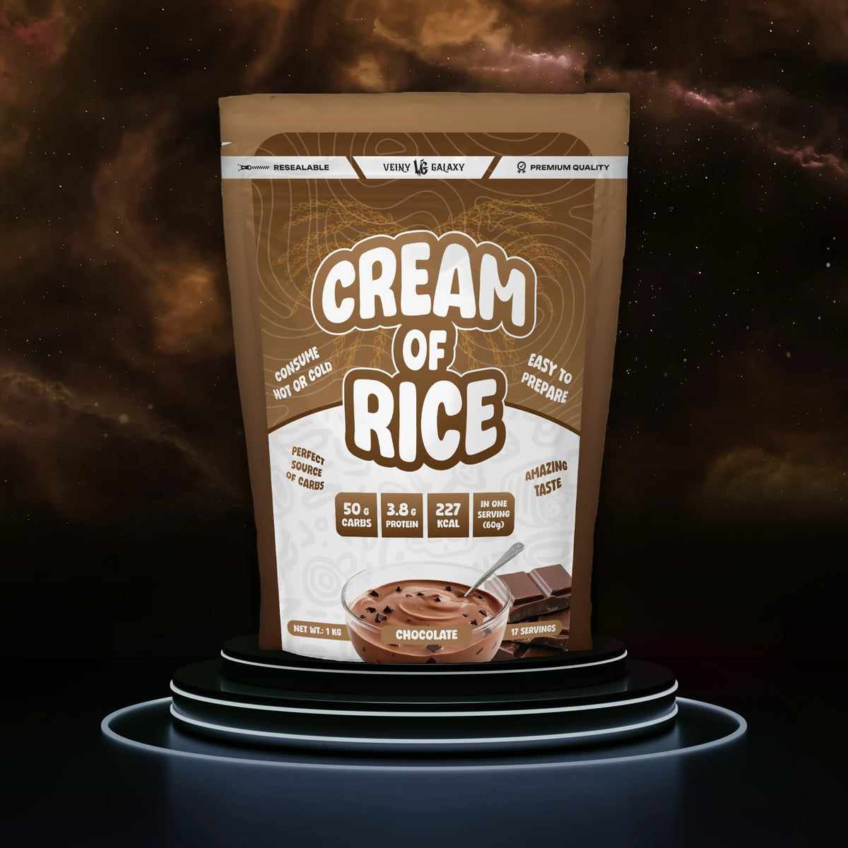 Reiskonfekt mit Veiny Galaxy Verpackung, 1000g, für Porridge und Reisgerichte, in einer transparenten Schüssel.