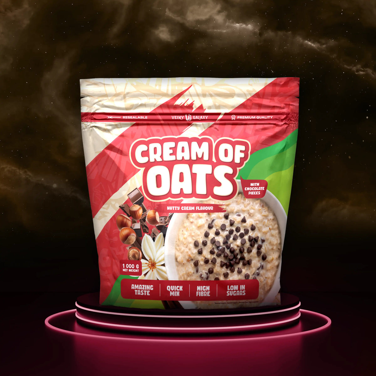 VEINY GALAXY Haferbrei Nutty Cream, 1 kg, cremiger Haferpudding mit nussigem Geschmack in einer offenen Verpackung.