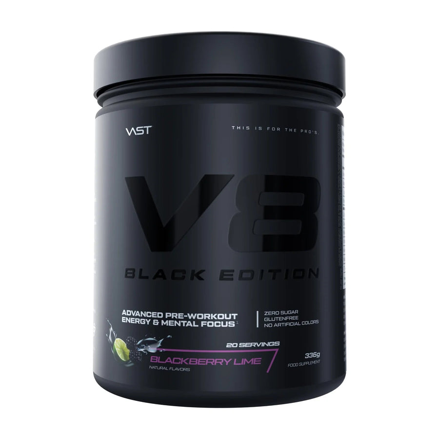 VAST V8 Total Energy Pre-Workout mit Energieshot, Fokus und Pump, Dose mit rotem und schwarzem Design.