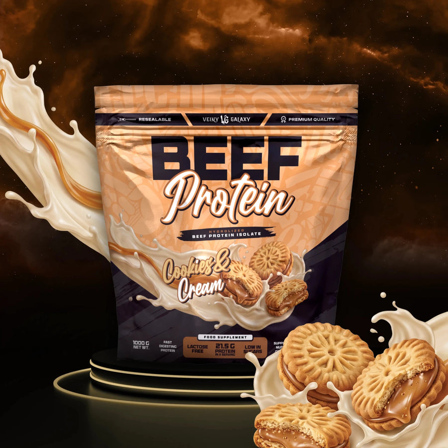 VEINY GALAXY Beef Protein HydroBeef Cookies&Cream 1kg, cremige Proteinpulver in Beutelform mit Cookies-Geschmack.