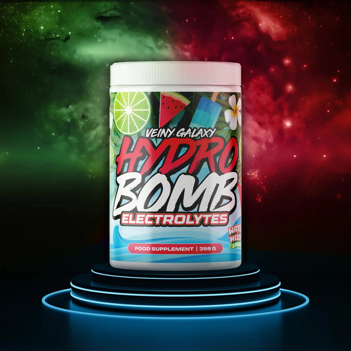 VEINY GALAXY HydroBomb Elektrolyte Pulver, 398g, energiereiches Mineralstoffpräparat in Verpackung.