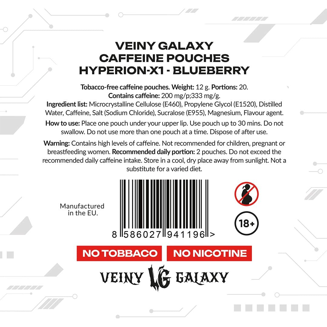 Veiny Galaxy Hyperion Energy Pouches mit 200mg Koffein in 20 Beuteln, energiegeladenes Pre-Workout-Produkt.