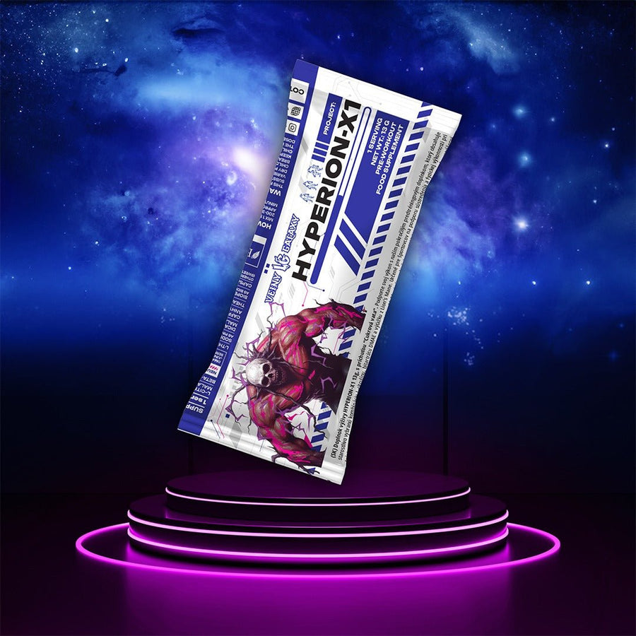 Veganer Galaxy Hyperion X1 Pre-Workout-Booster in Probe-Form, mit energieliefernden Zutaten, in einer transparenten Verpackung