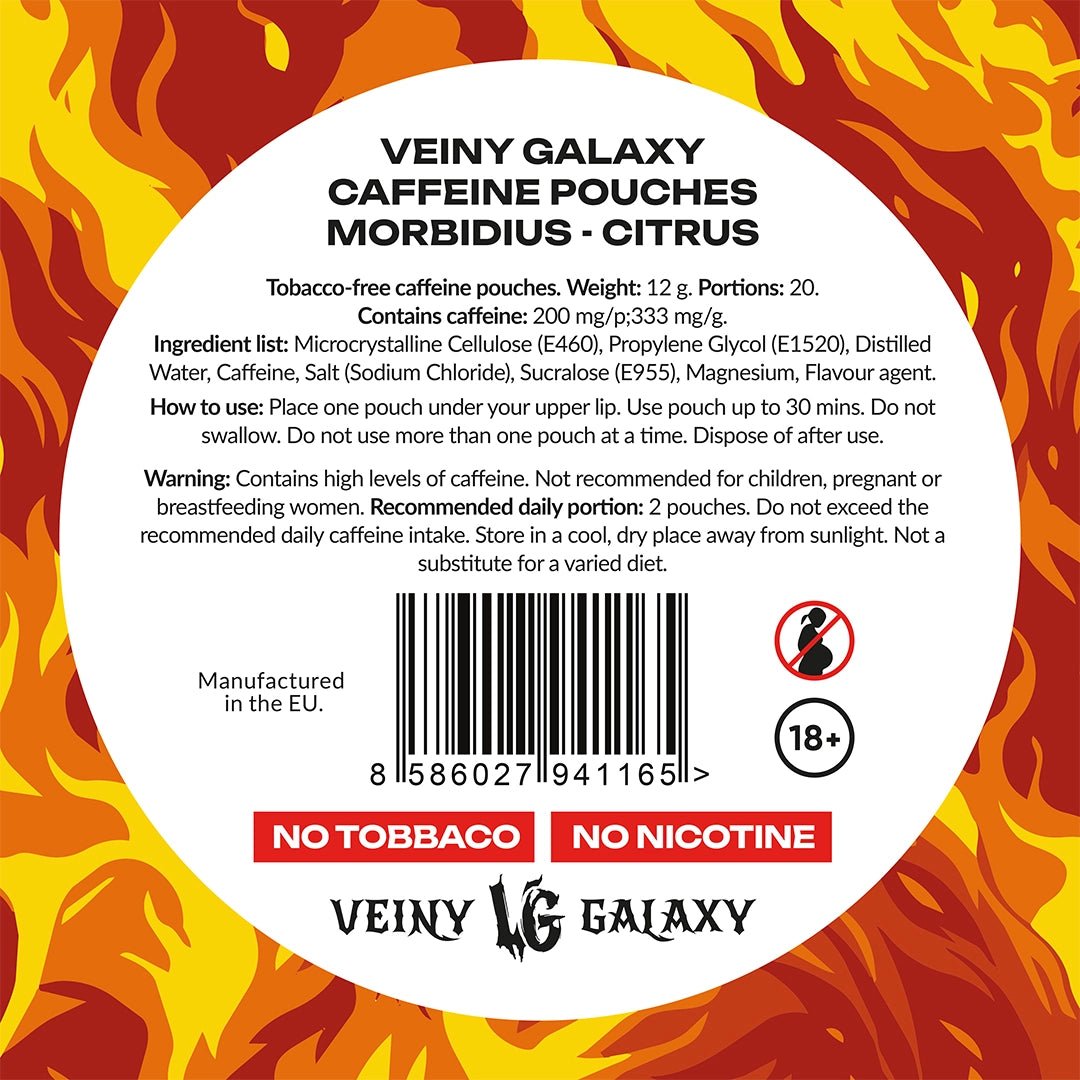 Veiny Galaxy MORBIDIUS Energy Pouches mit 200mg Koffein, 20 Beutel, Pre-Workout, energiereiche Kautabletten, sportliche Nutzung