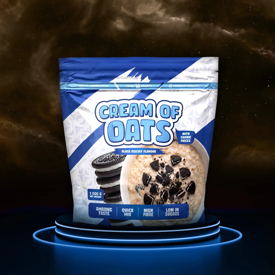 VEINY GALAXY Haferbrei 1 kg mit schwarzem Keks-Geschmack, ideal für Reis, Porridge und Pudding, mit Oreo-Aromen.