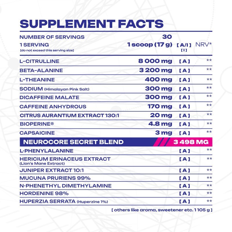 Veiny Galaxy Hyperion Pre-Workout Booster in Peach Mango Geschmack, 510g, mit Energie- und Leistungssteigerung.