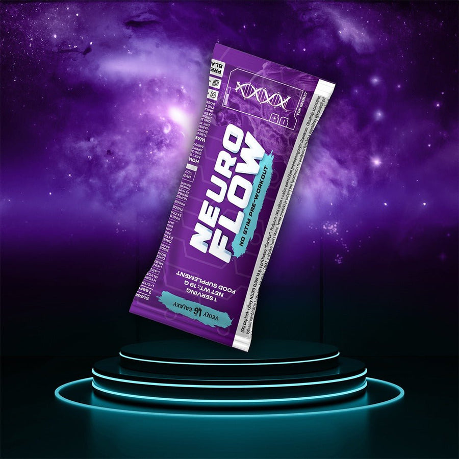 Veiny Galaxy Pre-Workout Neuro Flow No Stim von Probe, Dose mit Pulver für Energie und Fokus beim Training.