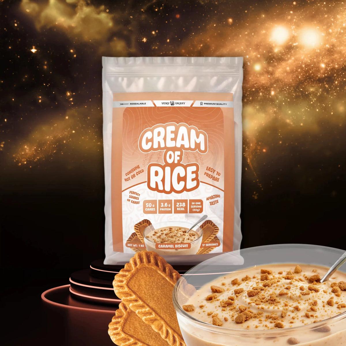 Veiny Galaxy Reis Porridge 1000g, dunkler Reispudding mit schwarzer Biscuit-Note, ideal für Frühstück und Snacks.
