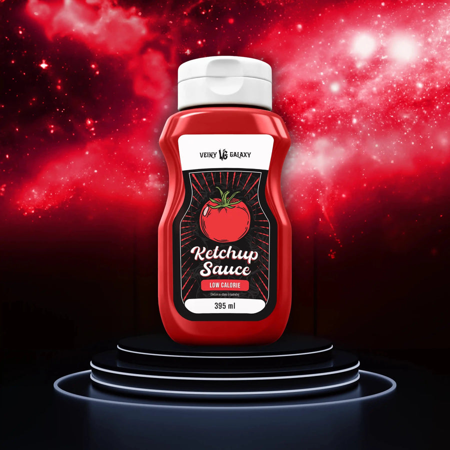 Veinige Galaxy Sauce Zero Ketchup in einer Flasche, cremige rote Saucenverpackung mit Galaxy-Design, für Ketchup-Liebhaber.