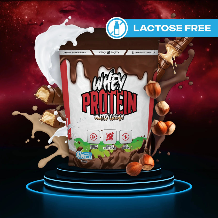VEINY GALAXY Whey Protein LACTOSE FREE WPC 80 Nutty Cream, cremige Proteinpulver in Becher mit Nüssen und Vanillegeschmack