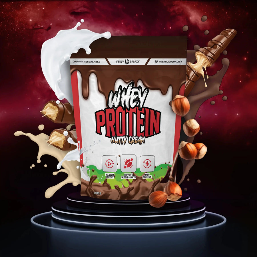 VEINY GALAXY Whey Protein WPC 80 Nutty Cream in einer Packung mit cremigem Proteinpulver, sichtbarer Verpackung und Produktbeschreibung
