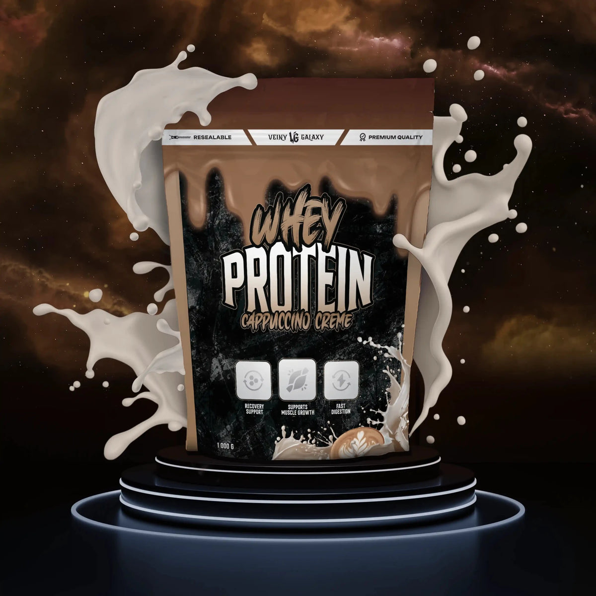 VEINY GALAXY WPC 80 Whey Protein in Cappuccino Creme mit Pulver und Verpackung, hochwertiges Proteinpulver für Fitness und Muskelaufbau