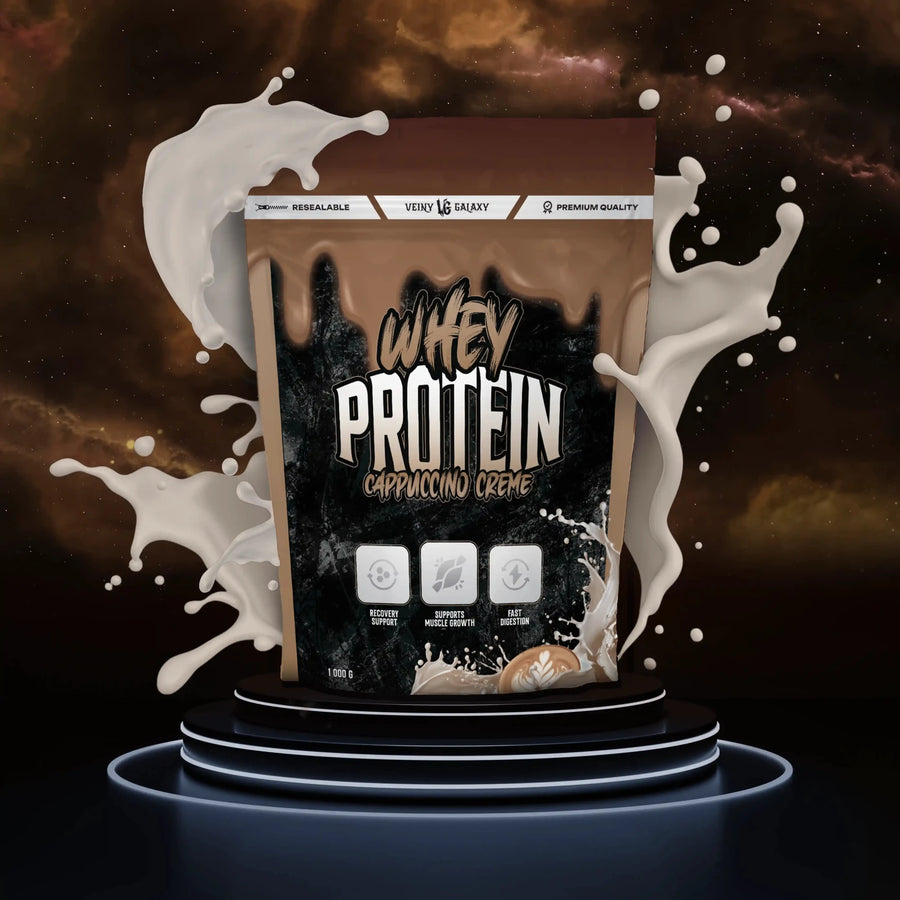 VEINY GALAXY WPC 80 Whey Protein in Cappuccino Creme mit Pulver und Verpackung, hochwertiges Proteinpulver für Fitness und Muskelaufbau